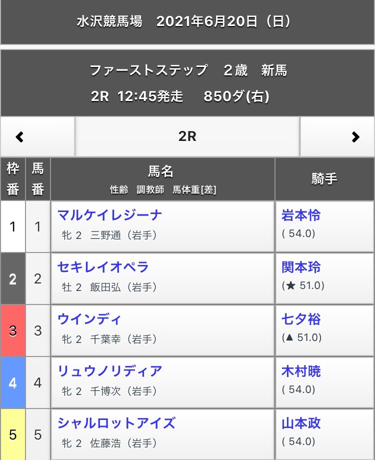 セキレイオペラのデビュー戦の出走表